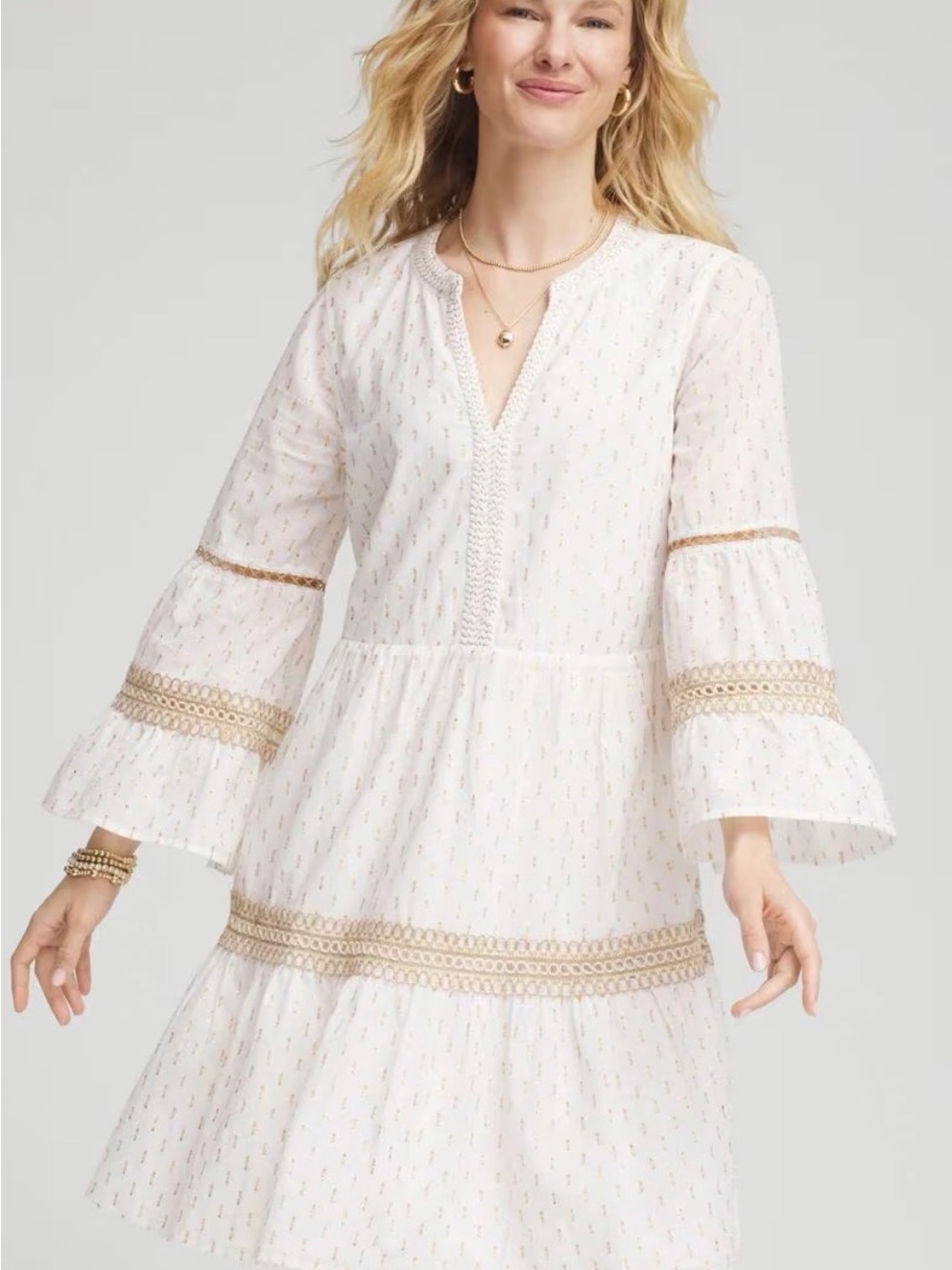 Chicos Crochet-Lace Trim Popover Dress size 10